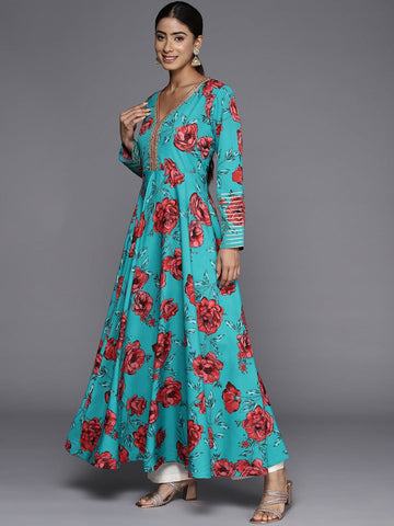 Varanga Women Turquoise Blue Floral Printed Anarkali Kurta Paired With Dupatta