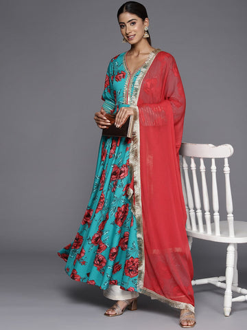 Varanga Women Turquoise Blue Floral Printed Anarkali Kurta Paired With Dupatta