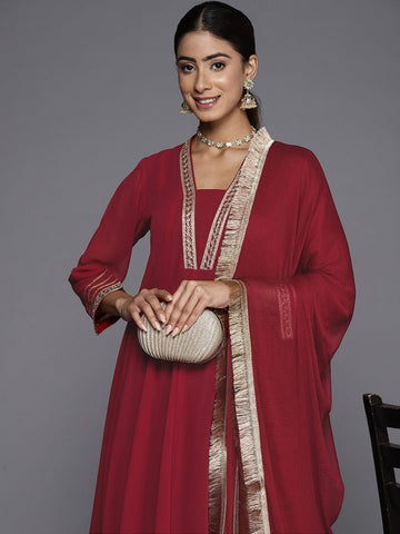 Varanga Women Maroon Anarkali Kurta Paired With Tonal Dupatta