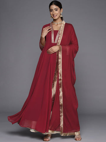 Varanga Women Maroon Anarkali Kurta Paired With Tonal Dupatta