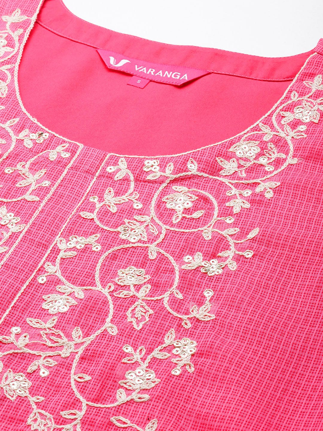 Varanga Women Pink Round Neck With Three Quarter Sleeves, Straight Kurta With Side Slits.