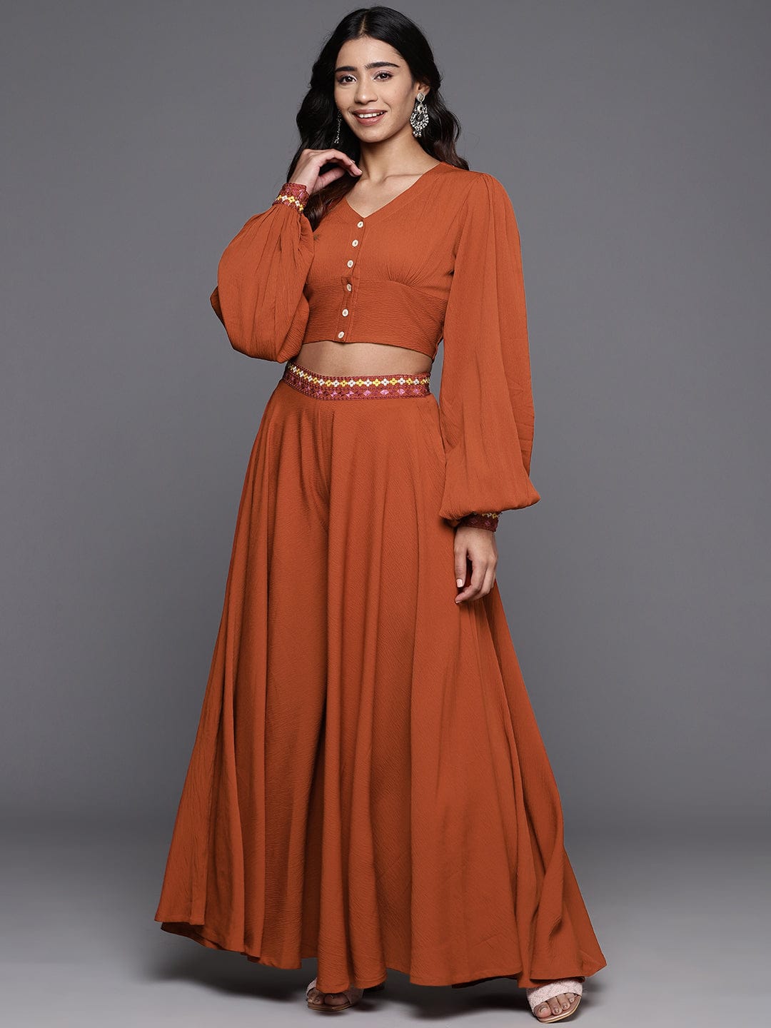 Varanga Women Rust Solid Co-Ords Paired With Tonal Palazzo
