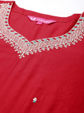 Varanga Women Red Sweetheart Neck Zari Embroidery Straight Kurta With Bottom And Dupatta