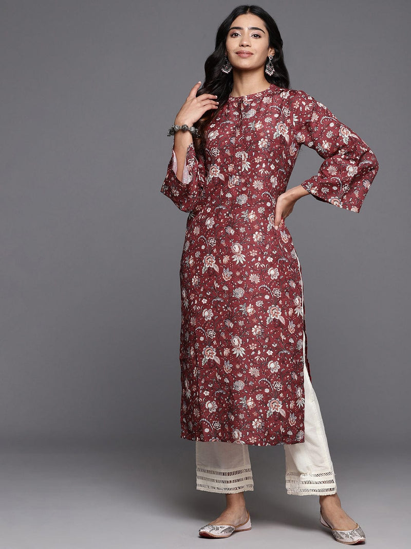 Varanga Women Maroon Floral Printed Straight Kurta With Flared Sleeves