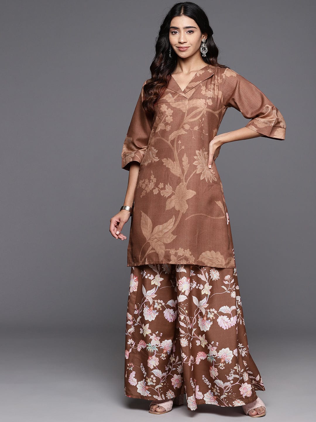 Varanga Women Rust Brown Floral Printed Straight Tunic Paired With Palazzo