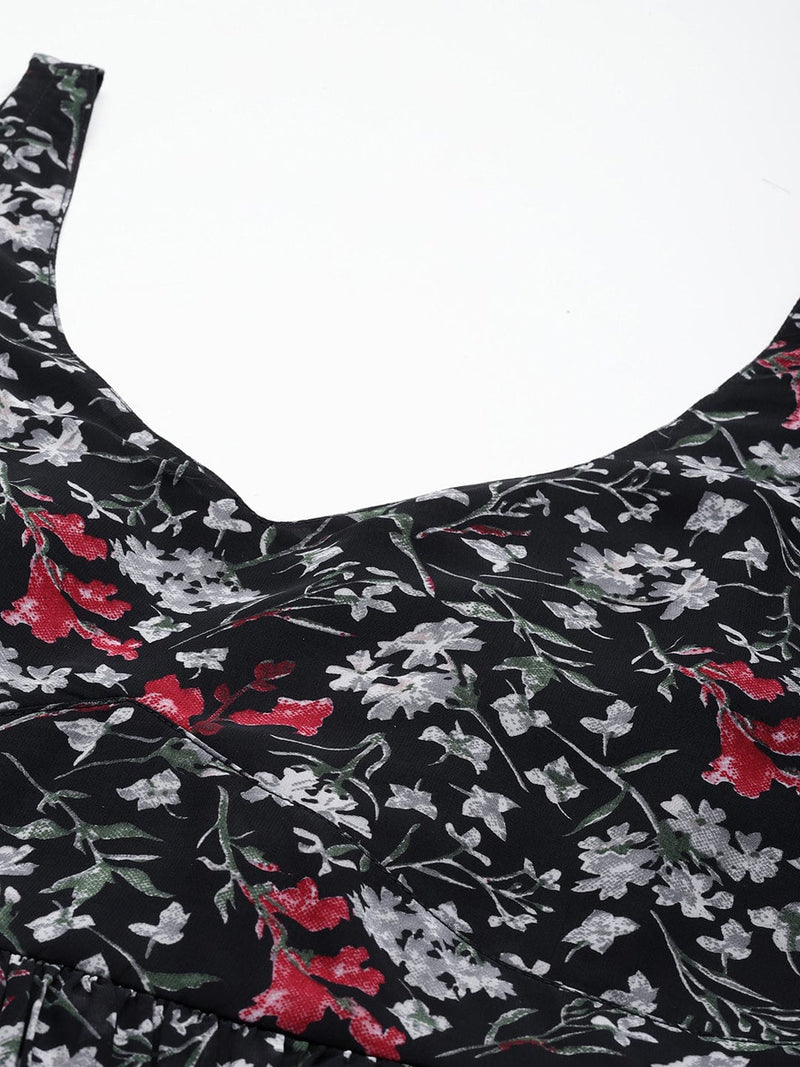 Varanga Women Black Floral Printed V Neck Tiered Dress With Flared Hem Vdrs41093