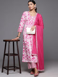 Varanga Women Pink & White Abstract Printed Anarkali Shape Kurta With Plazzo And Dupatta