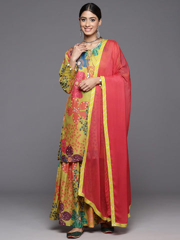 Varanga Women Mustard Abstract Printed Straight Kurta Paired With Sharara And Dupatta