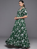 Varanga Women Green Printed V- Neck Anarkali Kurta With Dupatta