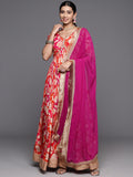 Varanga Women Pink Pure Silk Chinon Anarkali Kurta With V-Neck With Dupatta