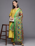 Varanga Yellow Silk Kurta With Woven Yoke And Trouser With Printed Dupatta