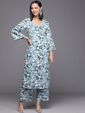 KSUT Women Women White & Blue Floral Printed A-Line Kurta With Bottom