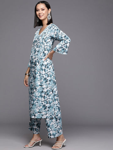 KSUT Women Women White & Blue Floral Printed A-Line Kurta With Bottom