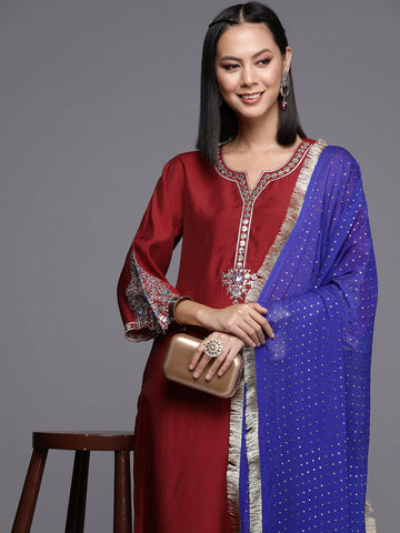Varanga Women Women Red Embroidered Straight Kurta With Bottom And Dupatta