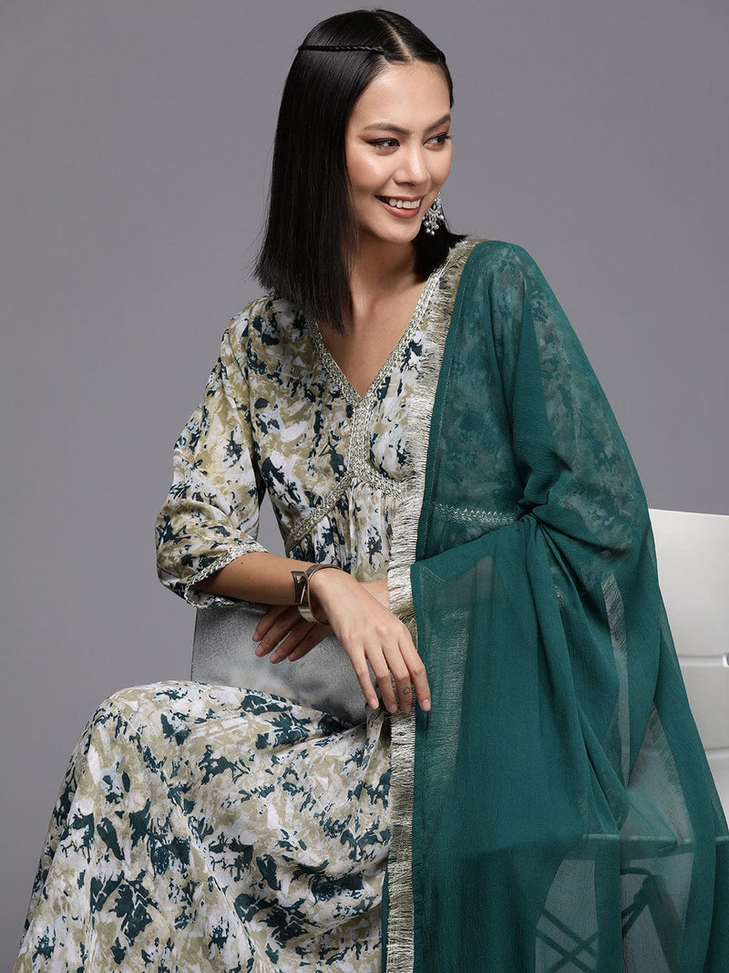 Varanga Women Women Beige And Teal Abstract Printed A-Line Kurta With Bottom And Dupatta