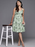 Varanga Green & White Floral Printed V-Neck,Back Details Tiered Dress With Flared Hem