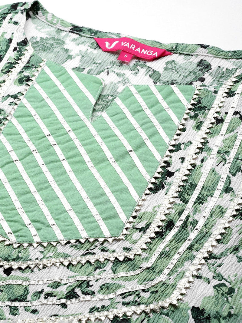 Varanga Women Women White & Green Abstract Printed Straight Kurta