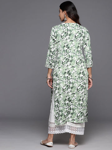 Varanga Women Women White & Green Abstract Printed Straight Kurta