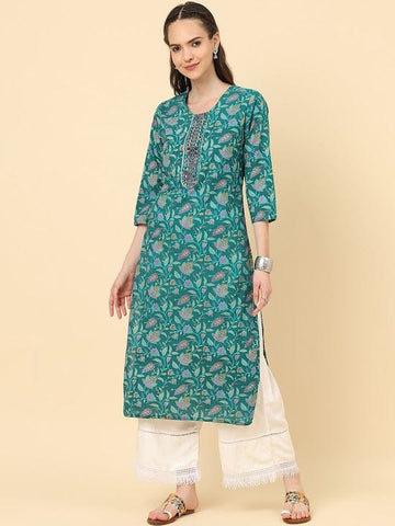 Varanga Women Turquoise Blue Floral Printed Straight Kurta