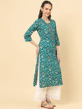 Varanga Women Turquoise Blue Floral Printed Straight Kurta
