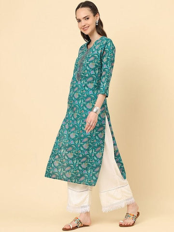 Varanga Women Turquoise Blue Floral Printed Straight Kurta