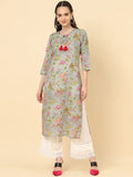 Varanga Women Grey Floral Printed With Round Neck And Three Quater Sleeve Straight Kurta