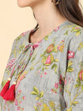 Varanga Women Grey Floral Printed With Round Neck And Three Quater Sleeve Straight Kurta