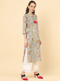 Varanga Women Grey Floral Printed With Round Neck And Three Quater Sleeve Straight Kurta