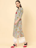 Varanga Women Grey Floral Printed With Round Neck And Three Quater Sleeve Straight Kurta