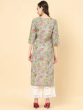 Varanga Women Grey Floral Printed With Round Neck And Three Quater Sleeve Straight Kurta