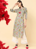 Varanga Women Grey Floral Printed With Round Neck And Three Quater Sleeve Straight Kurta