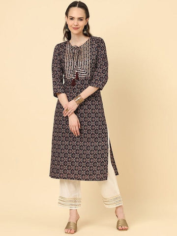 Varanga Women Blue Ajrak Printed Straight Kurta