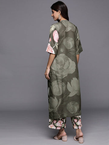 KSUT Women Olive Floral Printed Assymetric Straight Kurta With Printed Bottom
