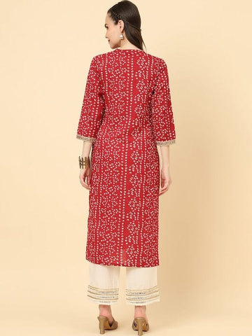 Varanga Women Red Bandhani Print Straight Kurta