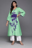 Varanga Women Green Placement Design Floral Ptinted Flared Sleeves A-Line Kurta