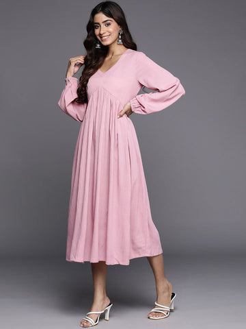 Varanga Women Pink V-Neck Bishop Sleeves Calf Length A-Line Dress Flared Hem