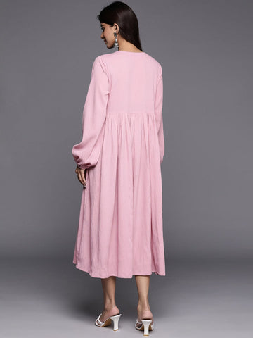 Varanga Women Pink V-Neck Bishop Sleeves Calf Length A-Line Dress Flared Hem