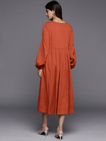 Varanga Women Rust V-Neck Bishop Sleeves Calf Length A-Line Dress Flared Hem