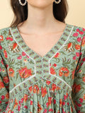 Varanga Women Olive Floral Printed A-Line Kurta With Side Slits Paired With Tonal Bottom And Dupatta