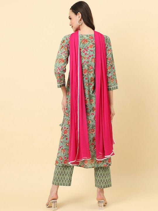Varanga Women Olive Floral Printed A-Line Kurta With Side Slits Paired With Tonal Bottom And Dupatta