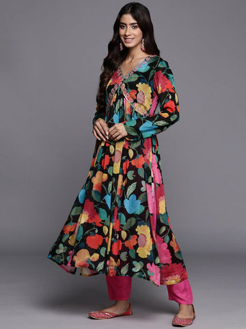 Varanga Women Black Floral Printed Pure Silk Chinon Embroidered Kurta With Bottom And Dupatta
