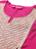 Varanga Women Pink Round Neck Yoke Embroidered Straight Kurta With Bottom And Dupatta