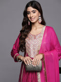 Varanga Women Pink Round Neck Yoke Embroidered Straight Kurta With Bottom And Dupatta