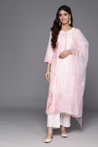 Varanga Women Pink Abstract Straight Kurta With Bottom And Organza Embroidered Dupatta