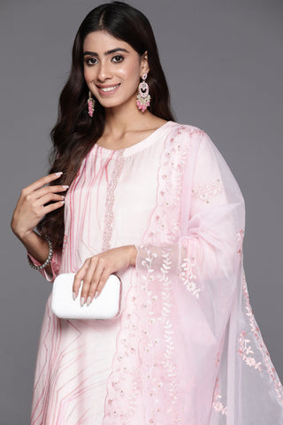 Varanga Women Pink Abstract Straight Kurta With Bottom And Organza Embroidered Dupatta