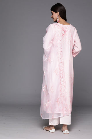 Varanga Women Pink Abstract Straight Kurta With Bottom And Organza Embroidered Dupatta