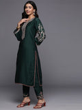 Varanga Women Green Round Neck Yoke Embroidered Straight Kurta With Embroidered Bottom And Contrast Dupatta With Fringes