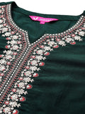 Varanga Women Green Round Neck Yoke Embroidered Straight Kurta With Embroidered Bottom And Contrast Dupatta With Fringes
