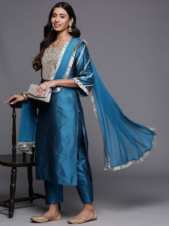 Varanga Women Blue Embroidered Yoke Straight Kurta With Bottom And Dupatta