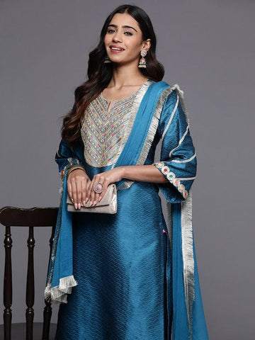 Varanga Women Blue Embroidered Yoke Straight Kurta With Bottom And Dupatta